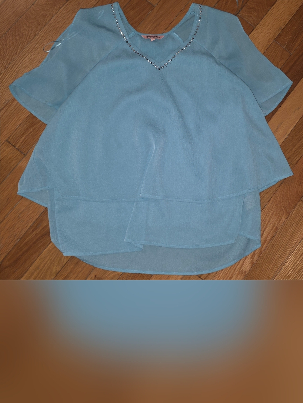 VINTAGE Juicy Couture Aqua Layered V-Neck Tunic with Bead Trim Size Large BLUE